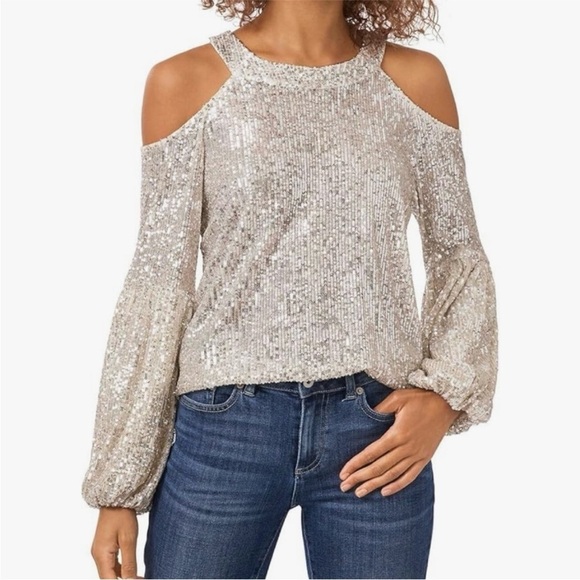 CeCe Tops - NWOT! CeCe Sequined Cold Shoulder Blouse white silver champagne size large